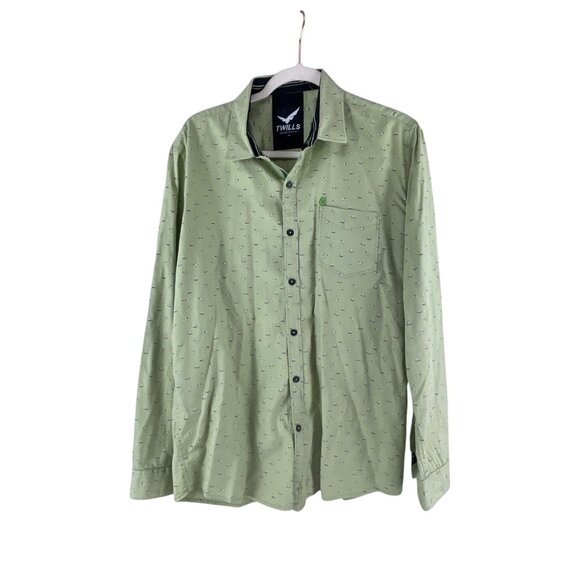 Twills Printastic Mens Green Button-Up Shirt Sz XL Long Sleeve Bird Print Casual - Picture 2 of 7